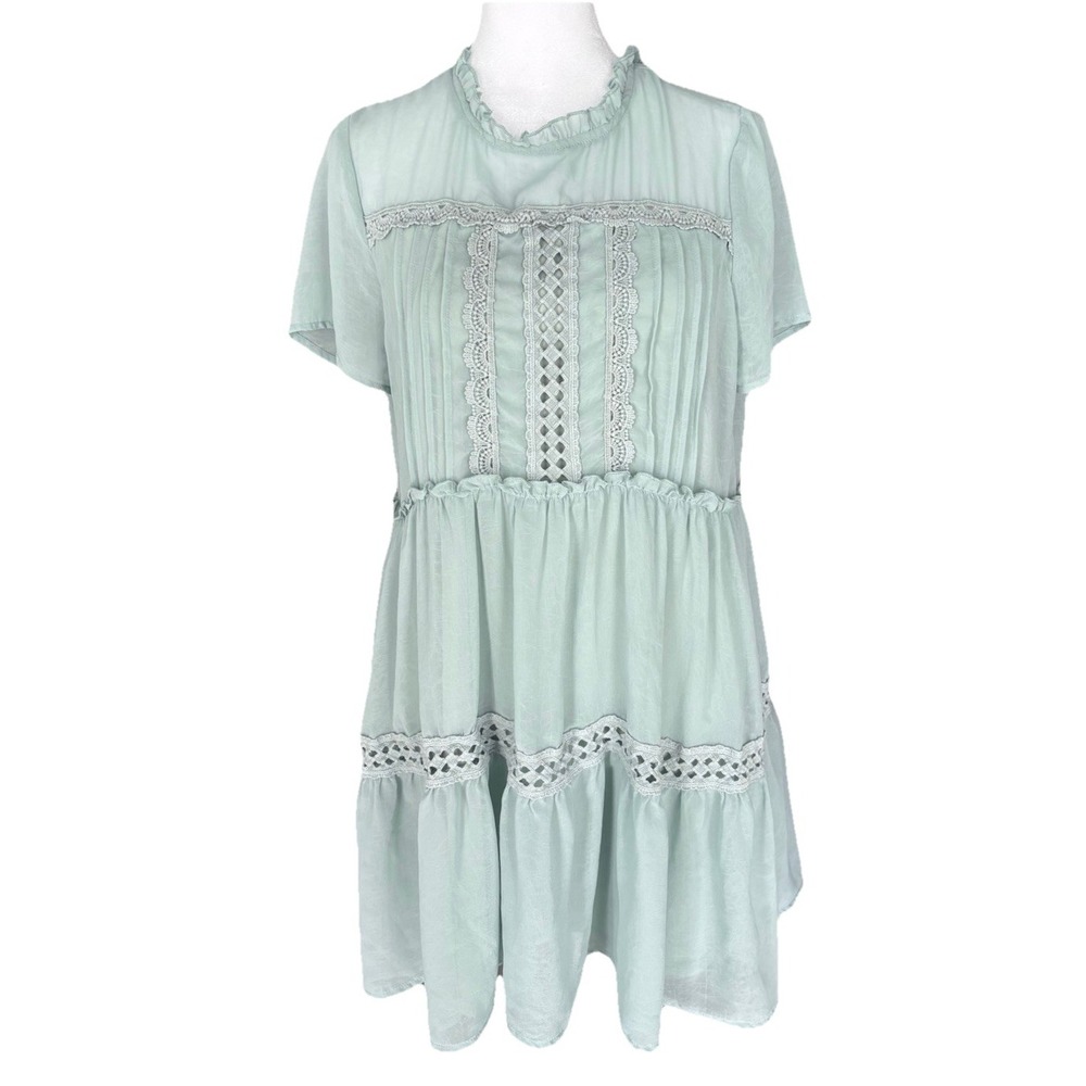 Sage Green Lace Crochet Babydoll Mini Dress Prairie Boho Cottagecore S